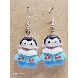 Blue Winter Penguin Cherry Mittens Drop Earrings Silver Tone Fishhook New